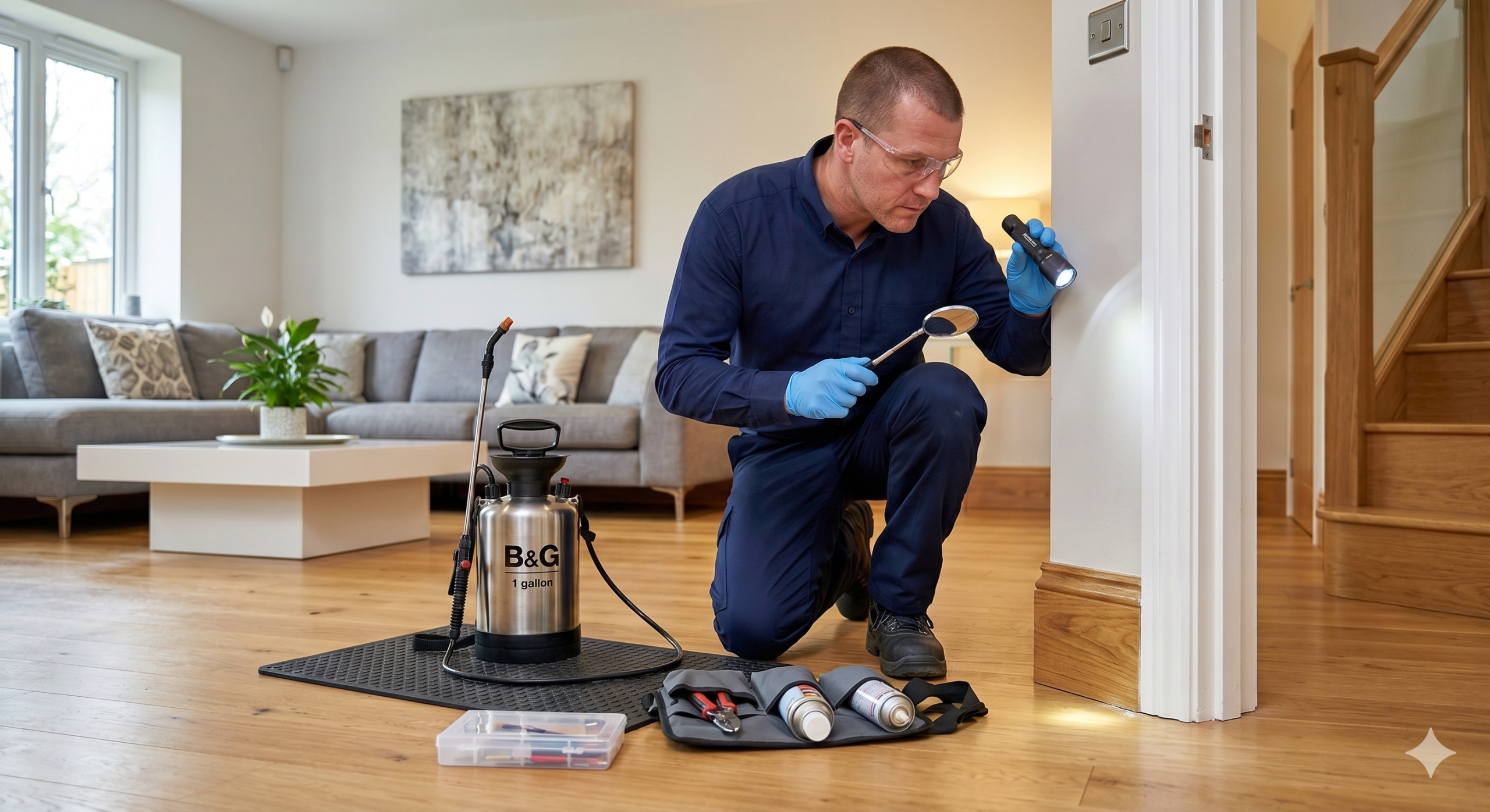 Professional pest control technician conducting a detailed inspection
